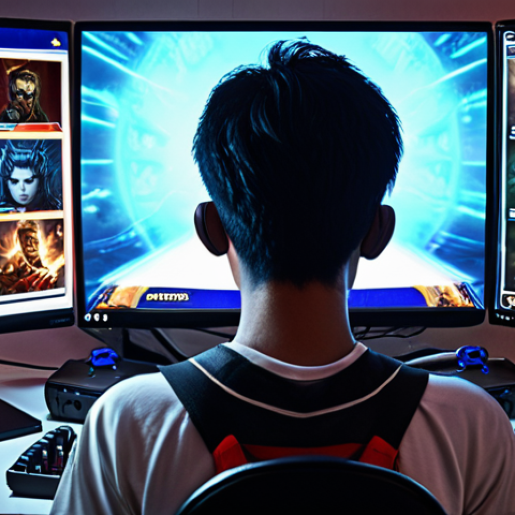 **Prompt:** A Malaysian Eternal Return player intensely focused on their monitor, surrounded by gaming peripherals. The screen shows the character selection screen, with various characters highlighted. The overall mood is serious and determined, reflecting the importance of character selection in the game.
