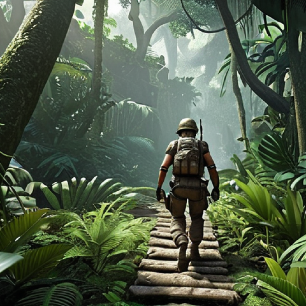** A player character strategically navigating a jungle environment.

*   **Prompt:** "Eternal Return character strategically moving through dense jungle, avoiding obstacles, focusing on a path ahead, dynamic action pose, tactical gear."

**