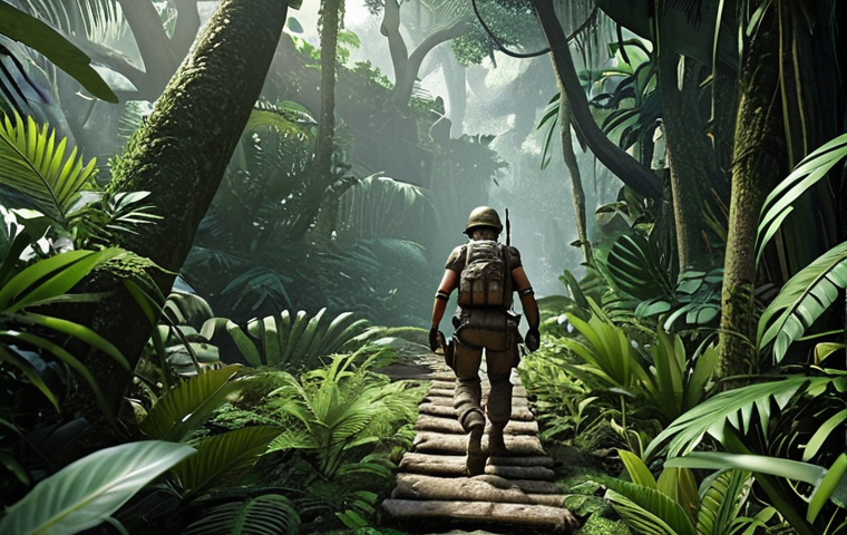 ** A player character strategically navigating a jungle environment.
* **Prompt:** "Eternal Return character strategically moving through dense jungle, avoiding obstacles, focusing on a path ahead, dynamic action pose, tactical gear."
**