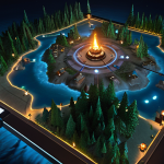 **

A strategic overhead view of Lumia Island at night, focusing on the strategic locations like Hotel, Temple and Forest, showing the minimap and compass interface elements, the character is equipped with a torch and ready to engage with a nearby wolf.

**