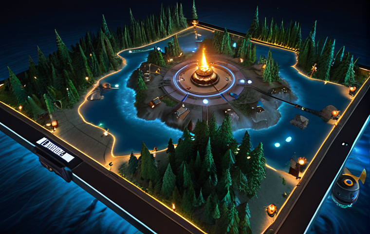 **
A strategic overhead view of Lumia Island at night, focusing on the strategic locations like Hotel, Temple and Forest, showing the minimap and compass interface elements, the character is equipped with a torch and ready to engage with a nearby wolf.
**