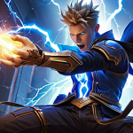 **Image Prompt:** A dynamic action shot of Aiden in Eternal Return, unleashing a devastating electric attack. Emphasize the visual effects of lightning and area control. Style: Energetic, vibrant, and action-focused, reminiscent of a MOBA game splash art.