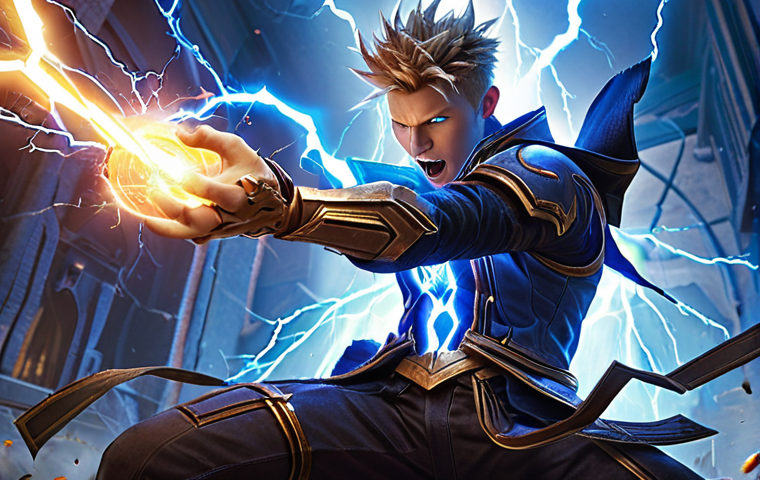 **Image Prompt:** A dynamic action shot of Aiden in Eternal Return, unleashing a devastating electric attack. Emphasize the visual effects of lightning and area control. Style: Energetic, vibrant, and action-focused, reminiscent of a MOBA game splash art.