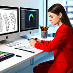 A talented digital artist, wearing a modest, comfortable studio outfit, fully clothed. They are seated at a modern desk in a brightly lit, clean art studio, surrounded by digital drawing tablets and art supplies. A large monitor in the background subtly displays abstract, professional concept art. The artist's hands are resting on a drawing tablet, indicating a moment of creative thought or a pause in their work. Natural pose, concentrating deeply. Perfect anatomy, correct proportions, well-formed hands, proper finger count, natural body proportions. Professional photography, high quality, vibrant colors, clear focus, appropriate attire, safe for work, appropriate content, family-friendly.
