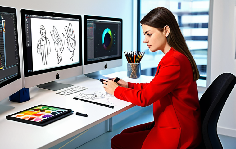 A talented digital artist, wearing a modest, comfortable studio outfit, fully clothed. They are seated at a modern desk in a brightly lit, clean art studio, surrounded by digital drawing tablets and art supplies. A large monitor in the background subtly displays abstract, professional concept art. The artist's hands are resting on a drawing tablet, indicating a moment of creative thought or a pause in their work. Natural pose, concentrating deeply. Perfect anatomy, correct proportions, well-formed hands, proper finger count, natural body proportions. Professional photography, high quality, vibrant colors, clear focus, appropriate attire, safe for work, appropriate content, family-friendly.
