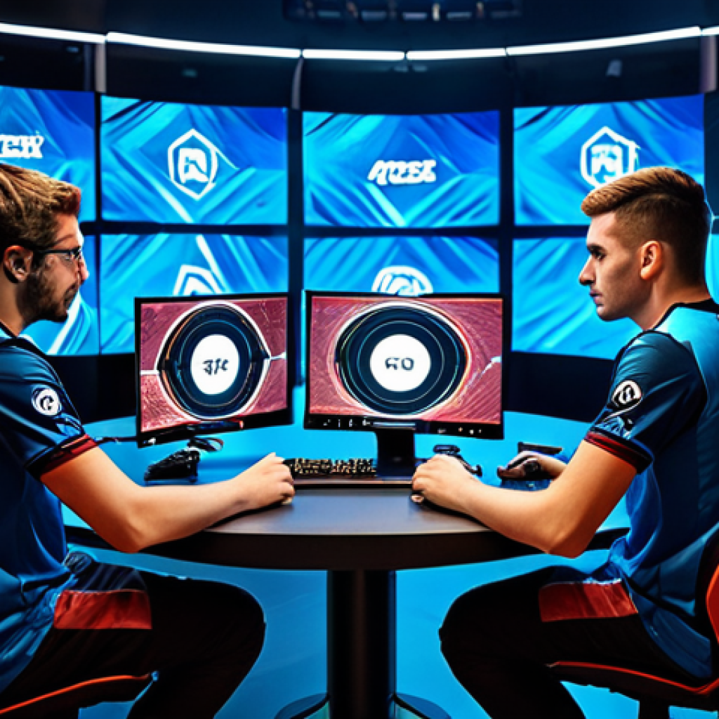 A professional esports team, comprising three diverse players, fully clothed in modern esports jerseys with subtle team branding, seated at high-tech gaming stations within a brightly lit, futuristic arena. Each player is intensely focused on their individual screen, with dynamic game overlays of Eternal Return UI elements visible on large, holographic displays behind them. One player is making a subtle hand gesture towards their screen, indicating precise strategic coordination and communication within the team. The atmosphere is one of intense concentration and professional competition, highlighting seamless team synergy. Perfect anatomy, correct proportions, natural pose, well-formed hands, proper finger count, natural body proportions. Professional photography, high quality, vibrant colors, dynamic lighting, safe for work, appropriate content, fully clothed, professional, modest, family-friendly.