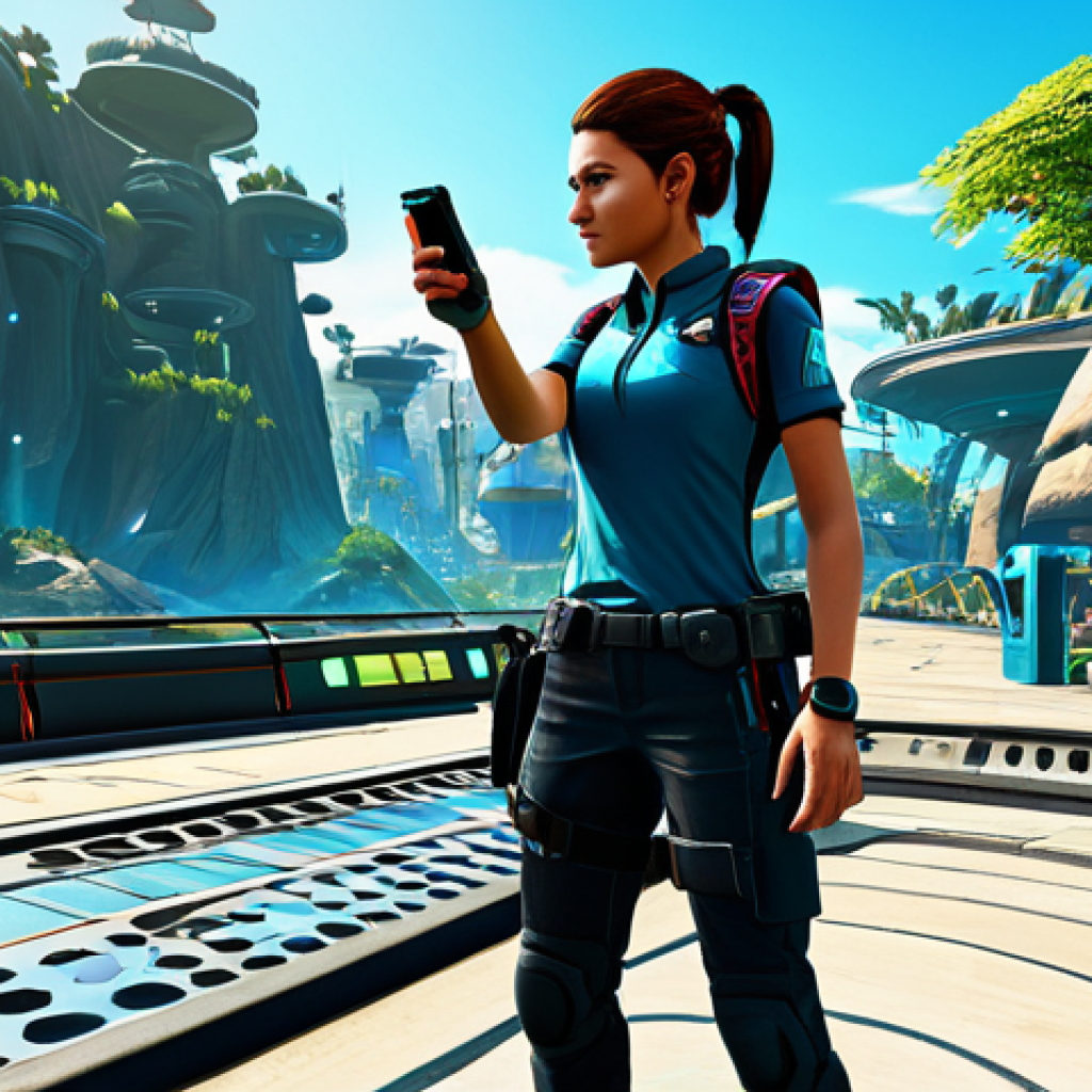A focused professional Eternal Return player, female, fully clothed in modest, practical gaming attire, demonstrating efficient movement while navigating a vibrant, futuristic zone on Lumia Island. Holographic map overlays with optimized item collection routes are subtly visible around her, indicating strategic speed and precision. She exhibits perfect anatomy, correct proportions, a natural pose, well-formed hands, and proper finger count. The scene is captured with professional photography, high resolution, and dynamic lighting, emphasizing speed and strategic play. safe for work, appropriate content, family-friendly.