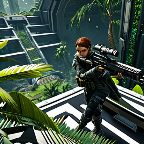 Strategic Gameplay**

"An overhead view of Eternal Return gameplay, showing a fully clothed female character in modest tactical gear strategically positioned on the new map. The character is aiming a ranged weapon. The environment includes lush jungle and futuristic structures. safe for work, appropriate content, fully clothed, professional, perfect anatomy, correct proportions, natural pose, high detail."

**