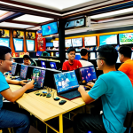 **

"A vibrant Malaysian internet cafe scene, filled with diverse gamers enthusiastically playing Eternal Return. Focus on teamwork and camaraderie, with players communicating and strategizing. Include details like teh tarik and local snacks on the tables. Fully clothed, appropriate attire, safe for work, perfect anatomy, natural proportions, family-friendly."

**