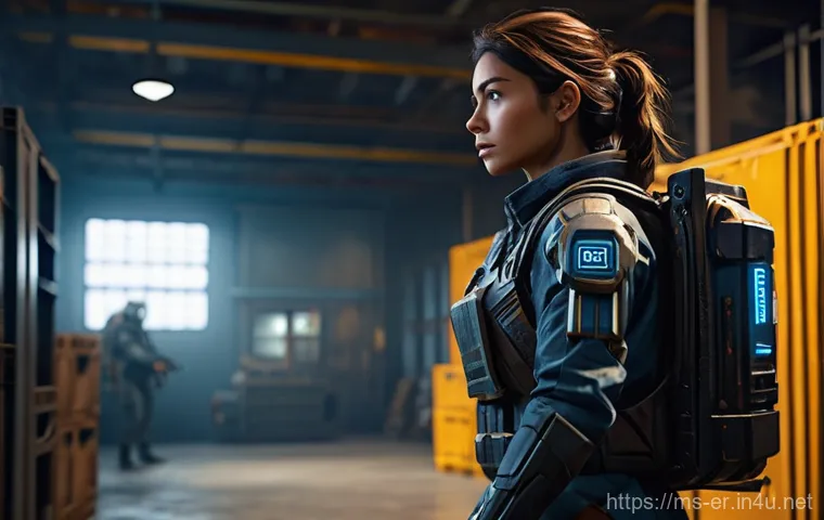 이터널리턴 콘텐츠 확장 계획 - A lone female explorer in a futuristic, tactical suit, equipped with a backpack and utility belt, ca...