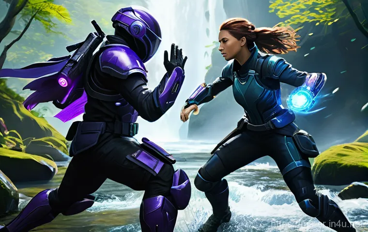 이터널리턴 콘텐츠 확장 계획 - The camera captures a wide shot, encompassing all characters and the robot within the detailed envir...