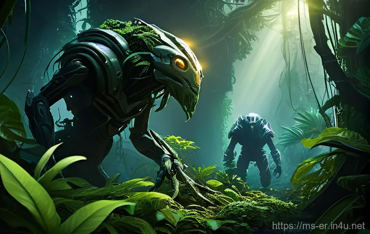 이터널리턴 PvE 모드 확장 - **Prompt:** A diverse team of four "Eternal Return" characters, fully clothed in their signature com...