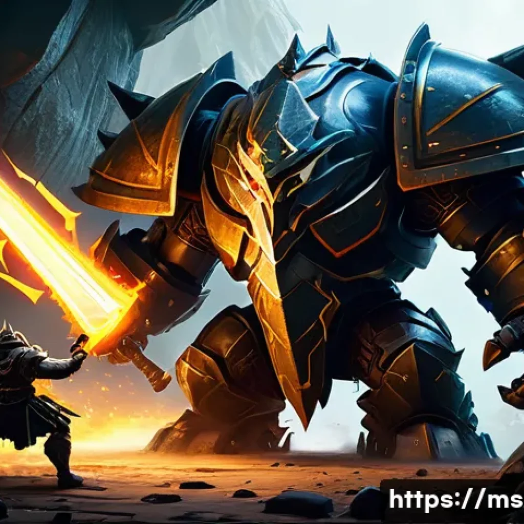 이터널리턴 신규 보스 공략법 - A detailed scene of a fierce boss battle in a fantasy arena, featuring a heavily armored tanker char...