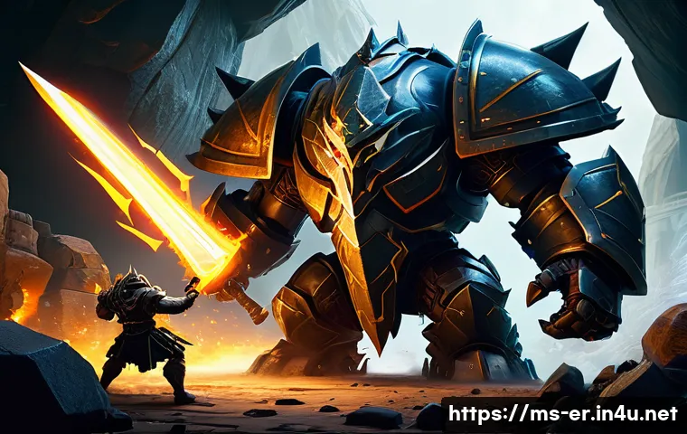 이터널리턴 신규 보스 공략법 - A detailed scene of a fierce boss battle in a fantasy arena, featuring a heavily armored tanker char...