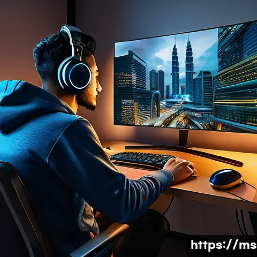 이터널리턴 네트워크 상태 점검 - A detailed digital illustration of a Malaysian gamer sitting comfortably at home, playing Eternal Re...