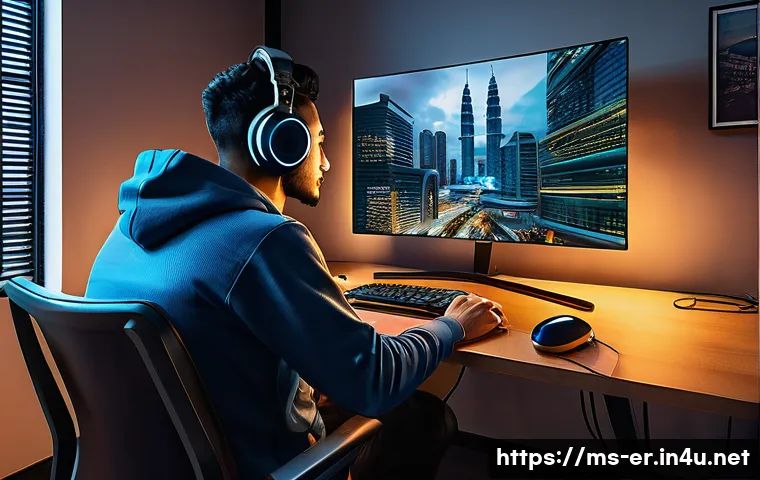 이터널리턴 네트워크 상태 점검 - A detailed digital illustration of a Malaysian gamer sitting comfortably at home, playing Eternal Re...