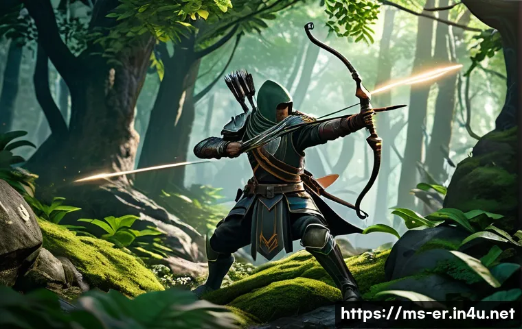 이터널리턴 PvP 공략법 - A dynamic PvP battle scene in a lush forest arena featuring a flexible character wielding both a bow...