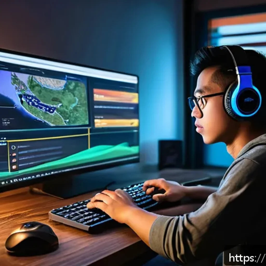 이터널리턴 아카이브 파일 다운받기 - A detailed digital illustration of a young Malaysian gamer sitting at a modern desk setup in a cozy ...