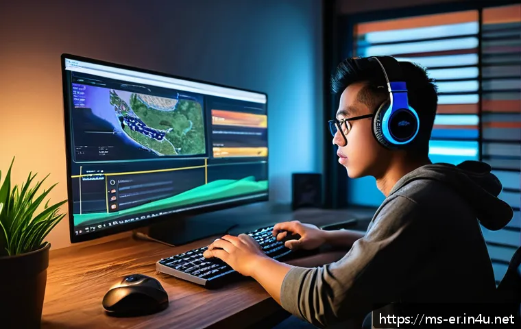 이터널리턴 아카이브 파일 다운받기 - A detailed digital illustration of a young Malaysian gamer sitting at a modern desk setup in a cozy ...