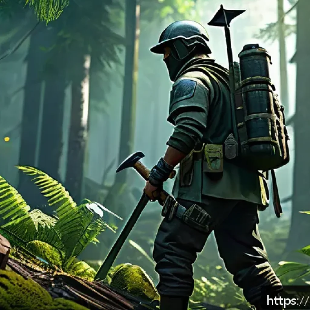 이터널리턴 맵 루트의 최적화 - A detailed scene of a strategic player starting a battle royale game in a lush, moderately dense for...