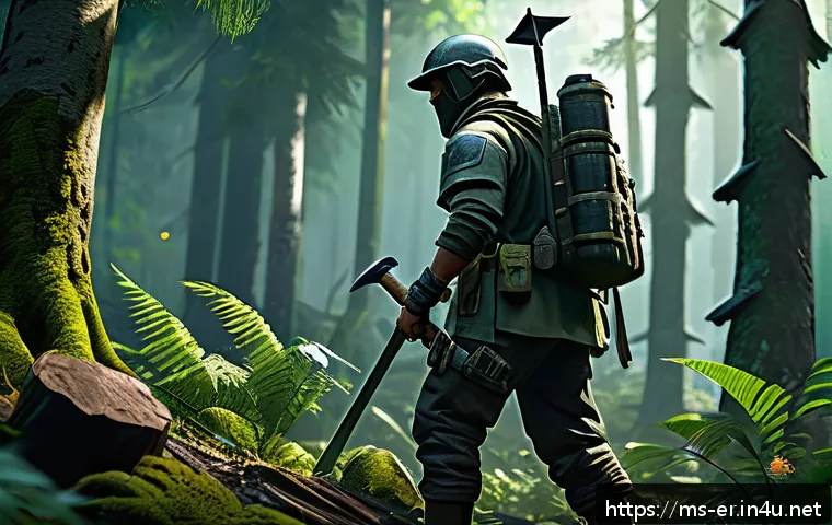 이터널리턴 맵 루트의 최적화 - A detailed scene of a strategic player starting a battle royale game in a lush, moderately dense for...