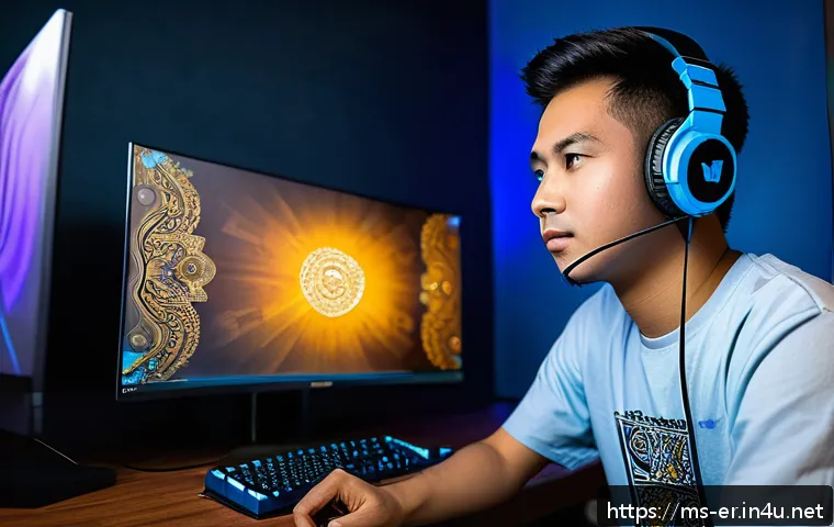 이터널리턴 인기 스트리밍 플랫폼 - A vibrant Malaysian gaming room setup featuring a young male gamer streaming Eternal Return on a hig...