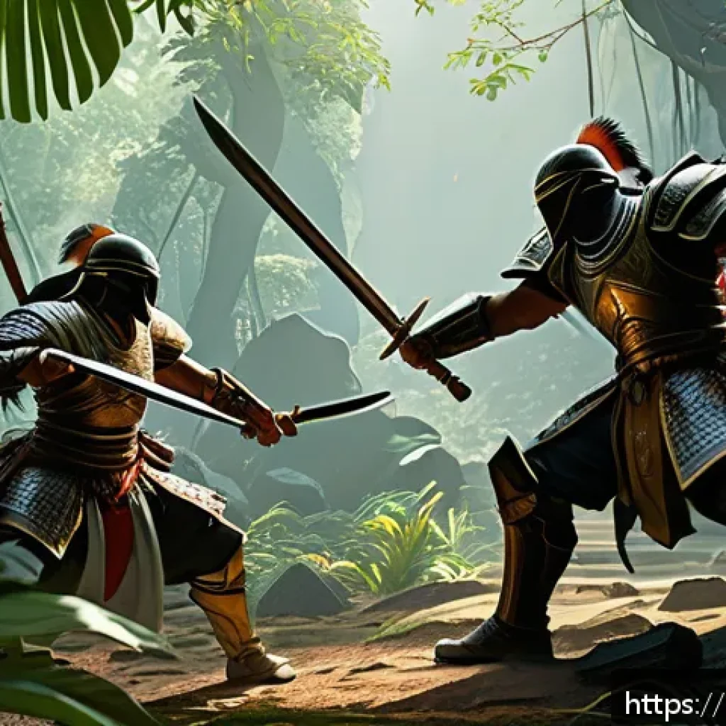 이터널리턴 새로운 기능 소개 - A dynamic battle scene in a lush, complex arena featuring a Malay-inspired tropical forest environme...