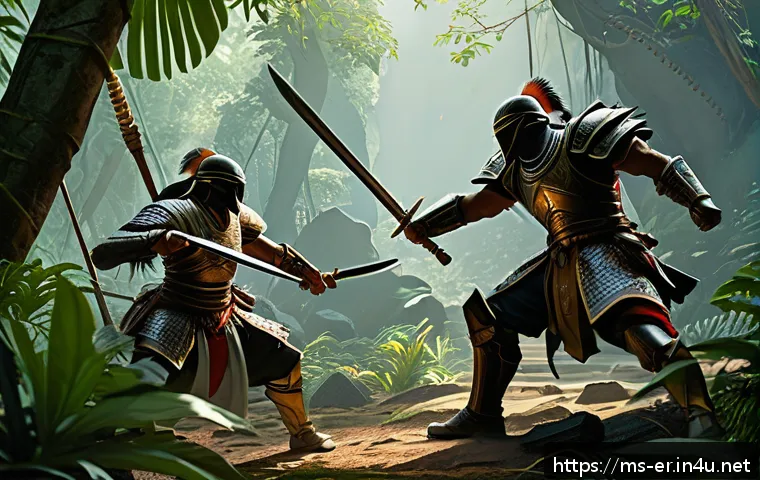 이터널리턴 새로운 기능 소개 - A dynamic battle scene in a lush, complex arena featuring a Malay-inspired tropical forest environme...