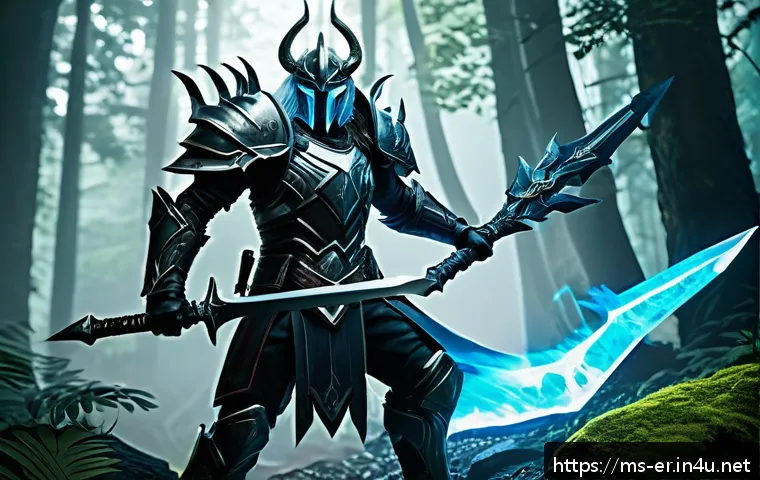 이터널리턴 최고 데미지 조합 - A dynamic battle scene in a lush forest arena featuring a heroic warrior wearing sleek, futuristic a...